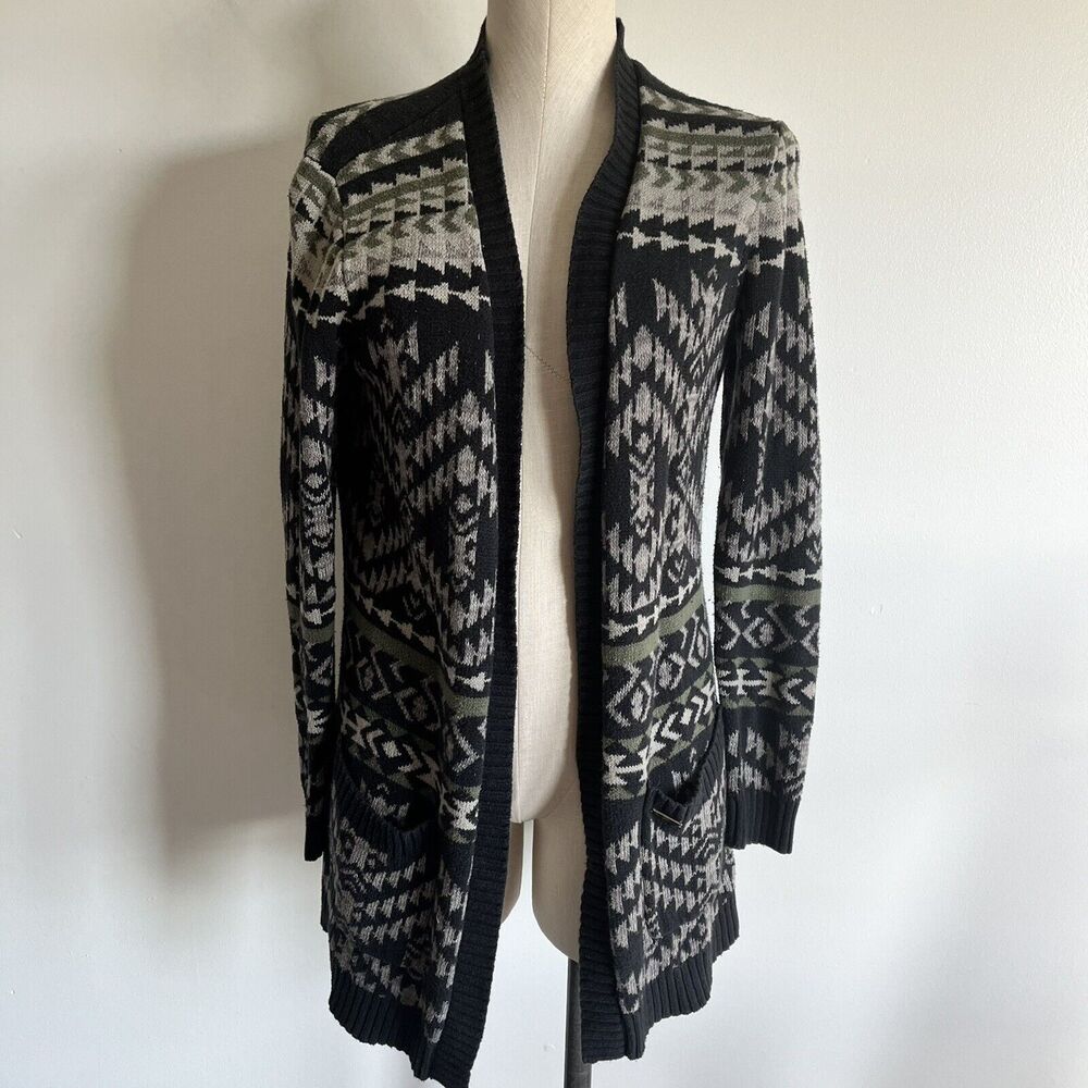 Roxy Aztec Cardigan Sweater Tribal Boho Open Front Pockets